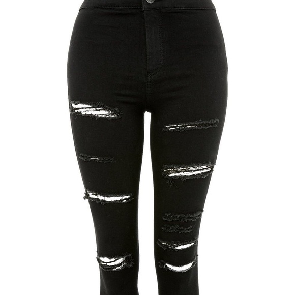 Topshop Petite Moto Super Ripped Black Joni Jeans - Picture 2 of 4